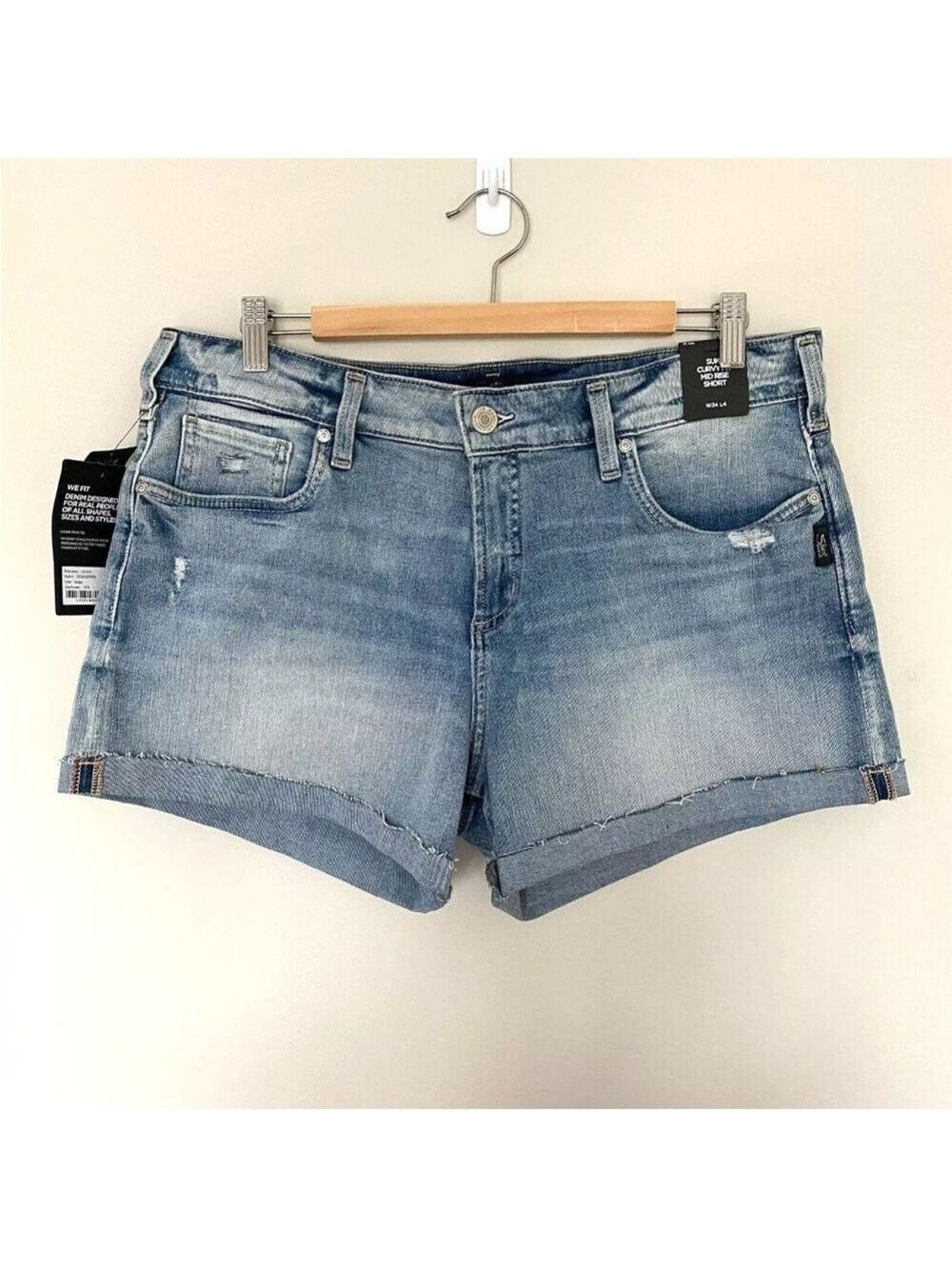 Silver Jeans Suki Curvy Fit Mid Rise Shorts W34 L4 Distressed Stretch NEW TAGS